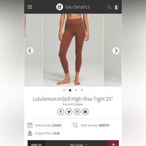 Lululemon Instill HR Tight 25” sz 6 in Ancient copper